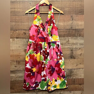 Blu Sage Women’s size 10 Multicolor Floral Halter Dress Sleeveless V Neck
